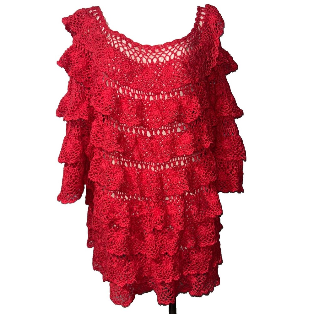Denim 24/7 Women's size 1X Vintage Crochet Knit Ruffled Sweater Holidays Fall